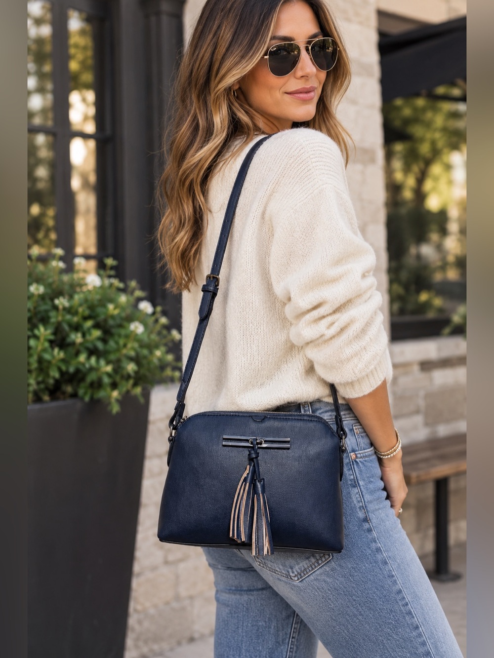 Navy Blue Pebbled Crossbody Bag Tassel Adjustable Strap Structured Purse new!